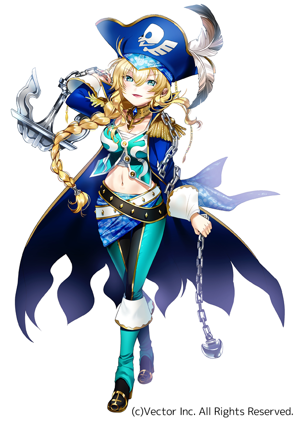 1girl, :d, ahoge, anchor, aqua_boots, aqua_eyes, aqua_pants, arm_up, bandage, bandanna, bangs, belt, bicorne, black_boots, black_pants, blonde_hair, blue_bandana, blue_coat, blue_hat, blush, boots, braid, breasts, buttons, chains, coat, collarbone, commentary_request, copyright, english, epaulettes, eyebrows_visible_through_hair, eyes_visible_through_hair, full_body, gem, gold_trim, hair_between_eyes, hair_over_shoulder, hat, hat_feather, high_collar, high_heels, holding, jolly_roger, knee_boots, large_breasts, legs_crossed, long_hair, long_sleeves, looking_at_viewer, navel, noatopia, official_art, open_clothes, open_coat, open_mouth, original, over_shoulder, paisley, pants, parted_bangs, pirate, pirate_costume, pirate_hat, print_bandana, sarashi, sidelocks, simple_background, smile, solo, stomach, text, very_long_hair, watermark, watson_cross, wavy_hair, white_background, yan'yo_(yan'yan'yo)