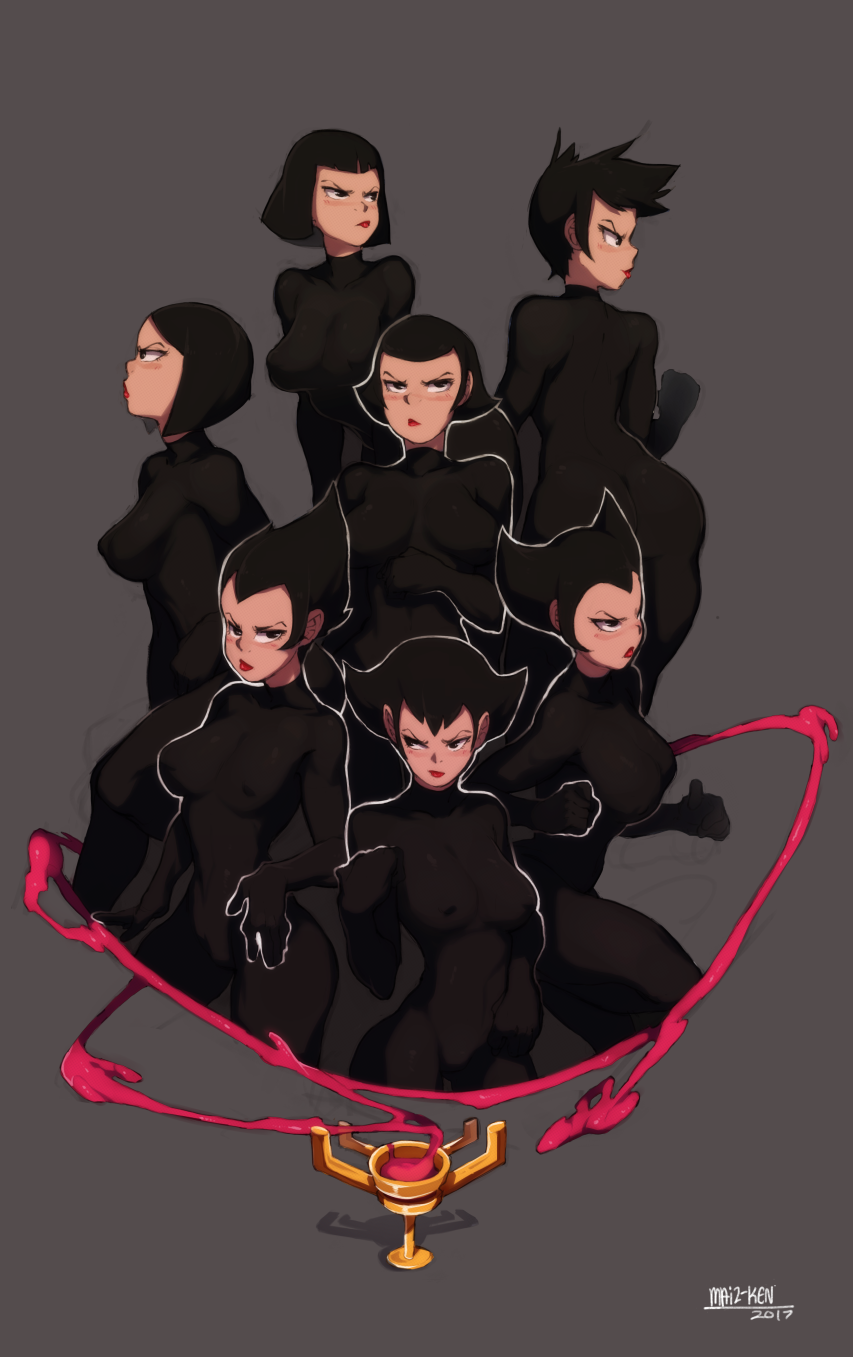 6+girls, ashi_(samurai_jack), ass, black_bodysuit, black_hair, bob_cut, bodysuit, breasts, daughters_of_aku, erect_nipples, highres, jordan_smith, lipstick, looking_at_viewer, makeup, multiple_girls, red_lipstick, samurai_jack, short_hair, spiky_hair