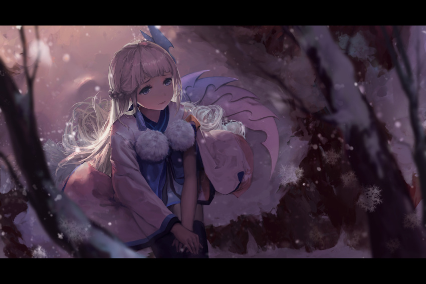 1girl, black_border, black_legwear, blonde_hair, blue_eyes, blurry, blurry_background, border