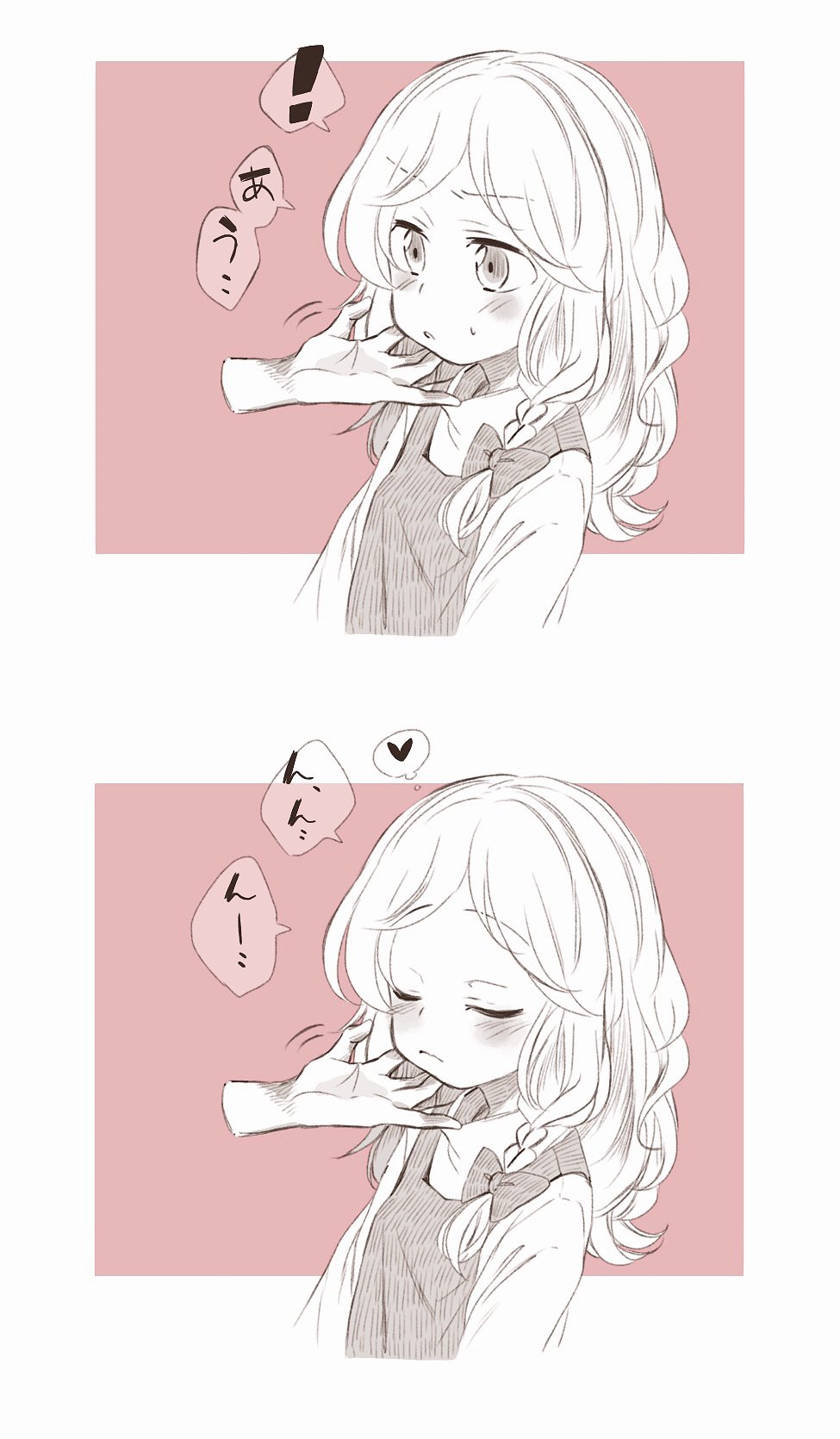 !, 1girl, :o, blush, bow, braid, chin_stroking, chin_tickle