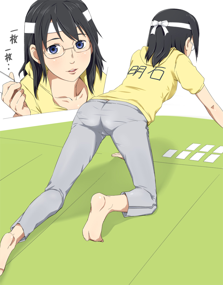 1girl, all_fours, ass, barefoot, blue_eyes, card, chihayafuru, from_behind