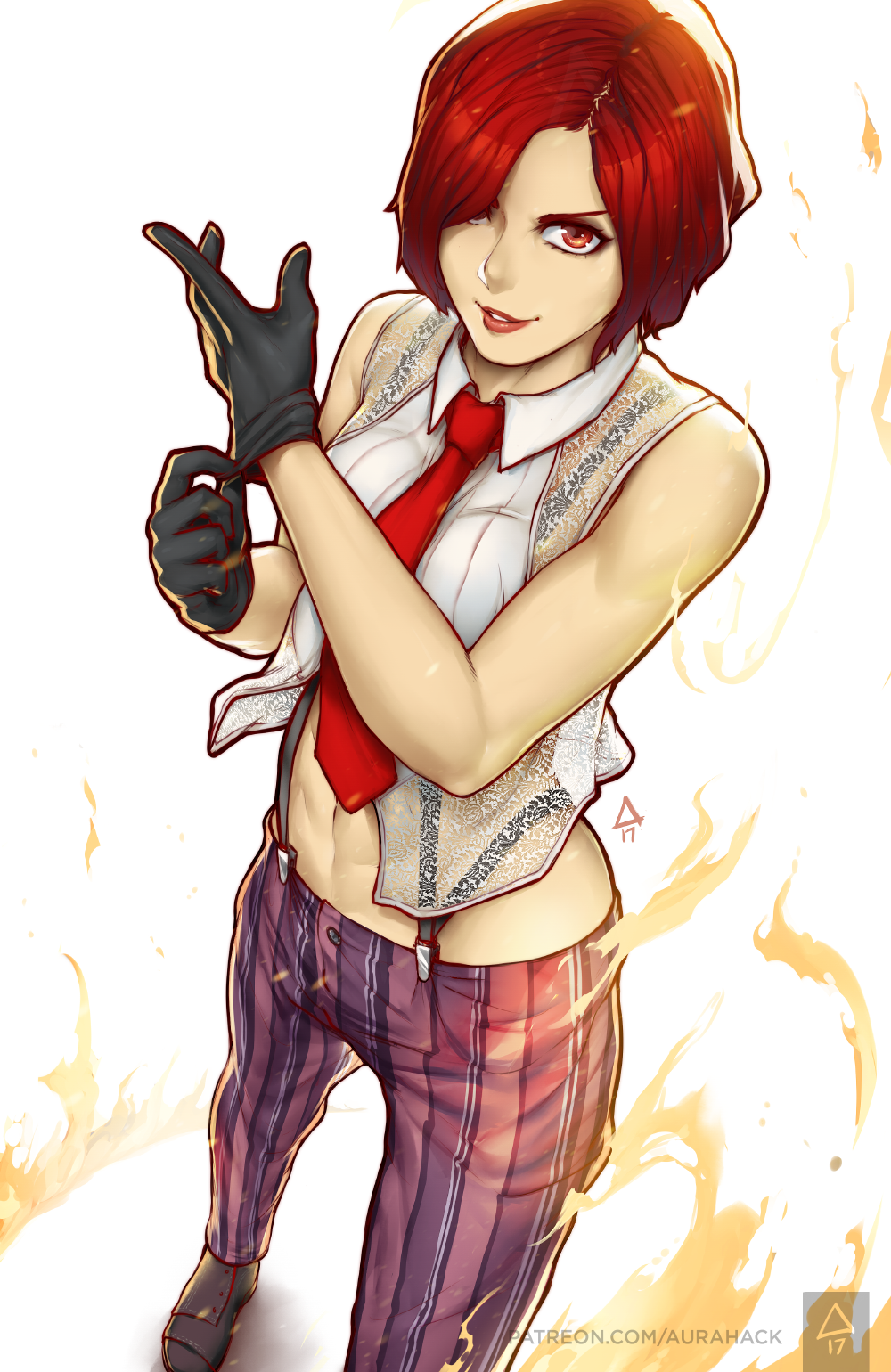1girl, bare_shoulders, erica_june_lahaie, gloves, hair_over_one_eye, highres, lipstick, looking_at_viewer, makeup, mature, midriff, navel, red_eyes, redhead, short_hair, smile, solo, striped, striped_legwear, suspenders, the_king_of_fighters, the_king_of_fighters_xiv, vanessa_(king_of_fighters)