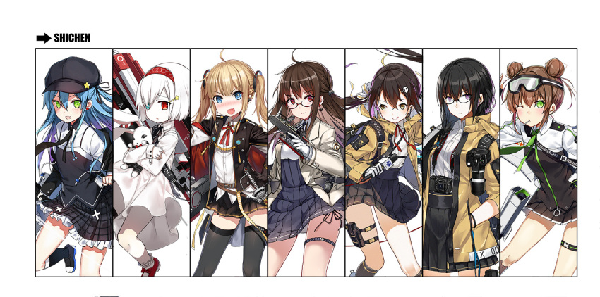 6+girls, artist_name, black_hair, black_legwear, blazer, blonde_hair, blue_eyes, blue_hair