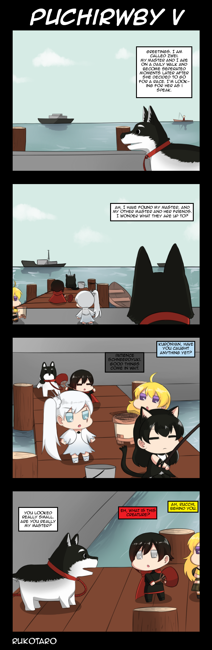 4girls, animal_ears, blake_belladonna, boat, bucket, cat_ears, cat_tail, english