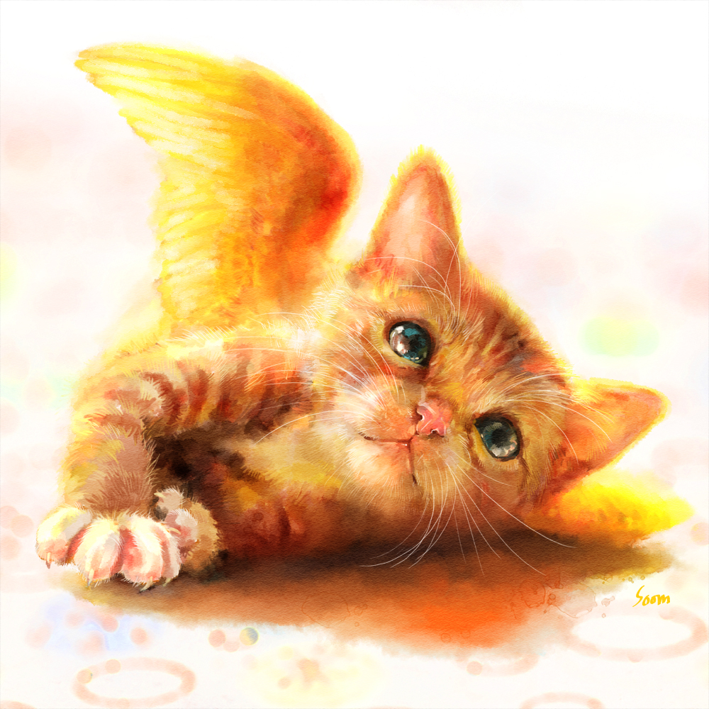 blue_eyes, cat, gurumdal_(kirel), looking_at_viewer, no_humans, original, signature, solo, wings
