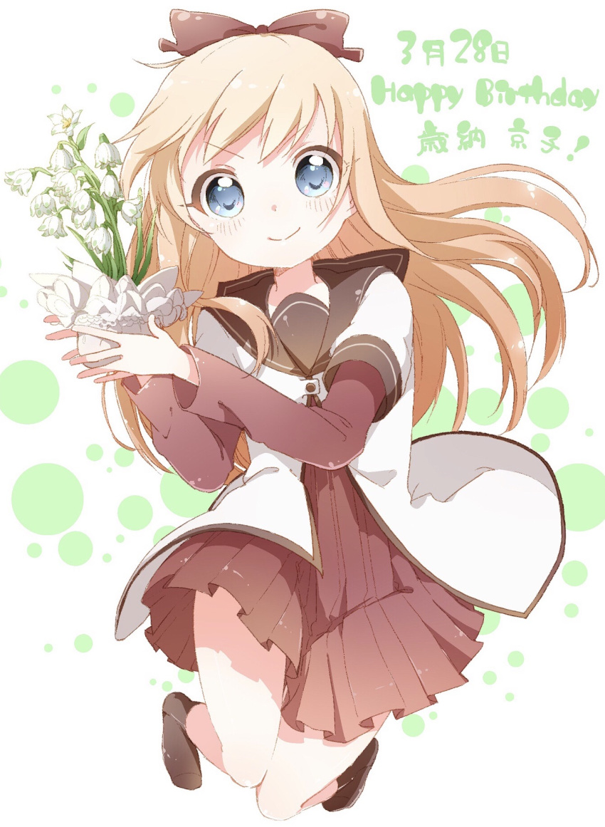 >:), 1girl, abstract_background, bafarin, blonde_hair, blue_eyes, blush, character_name