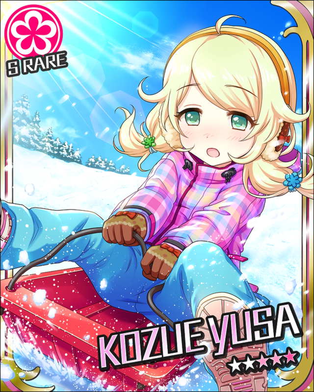 1girl, ahoge, blonde_hair, blue_pants, card_(medium), character_name, clouds, earmuffs