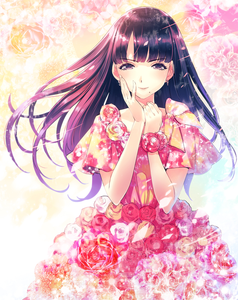 1girl, bangs, black_hair, closed_mouth, dress, eyebrows_visible_through_hair, hand_on_own_cheek, hands_up