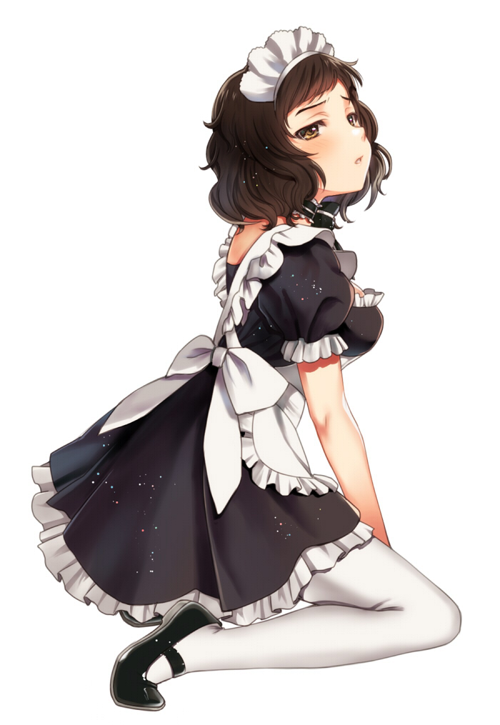 1girl, brown_hair, hijiri_ruka, kawakami_sadayo, maid, maid_headdress, mary_janes, pantyhose