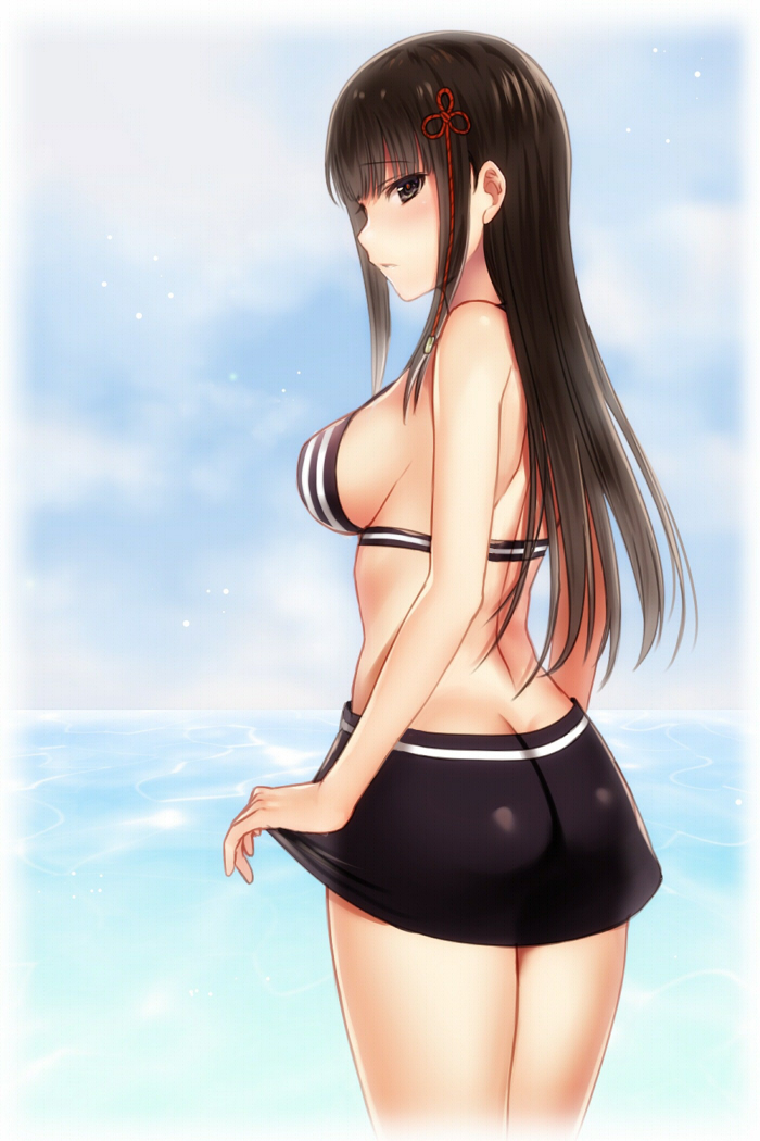 1girl, ass, back, bikini, bikini_skirt, black_hair, blush, breasts