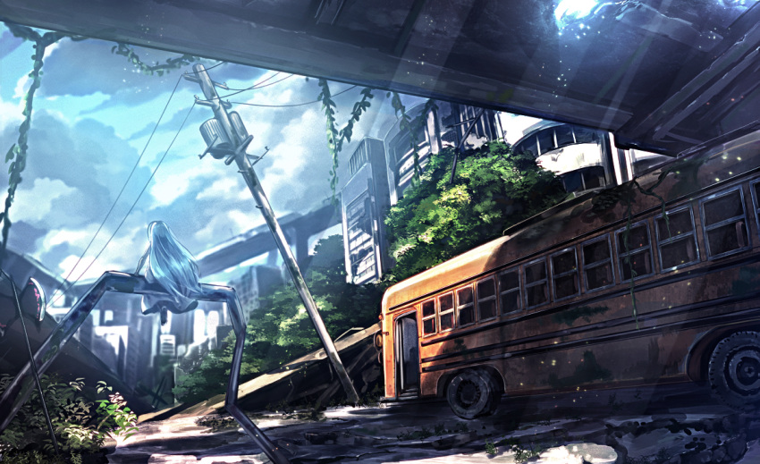 1girl, axe, blue_hair, clouds, day, from_behind, haru_(ryosios), light_rays, long_hair, original, overgrown, post-apocalypse, revision, ruins, ryosios, scenery, school_bus, sitting, sky, solo, sunbeam, sunlight, telephone_pole, very_long_hair, weapon