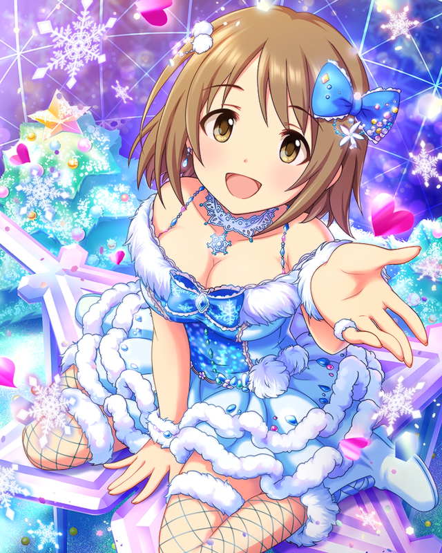 1girl, blue_dress, boots, breasts, brown_eyes, brown_hair, christmas, christmas_ornaments