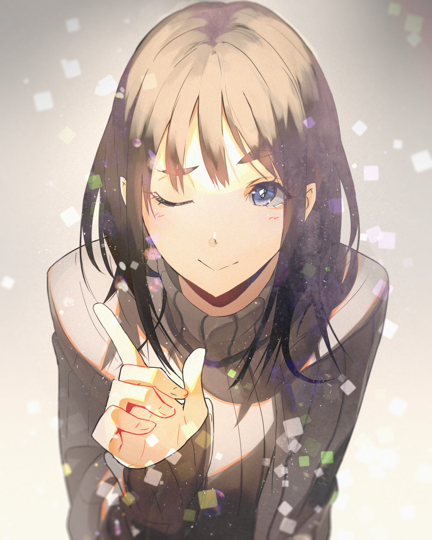 1girl, ;>, absurdres, bangs, blue_eyes, blush, brown_hair, brown_sweater