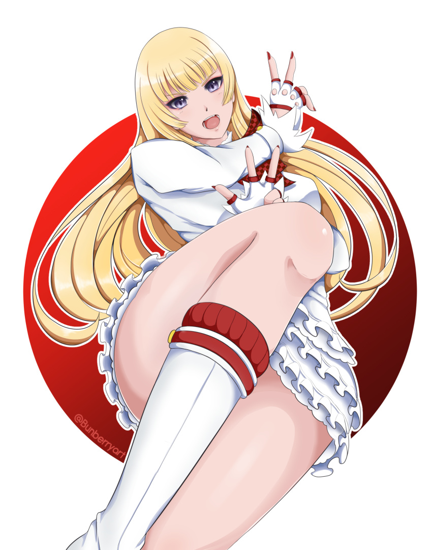 1girl, blonde_hair, boots, bunberryart, dress, emilie_de_rochefort, female, fingerless_gloves, floating, frills, gloves, gray_eyes, hime_cut, legs, lili_(tekken), long_hair, looking_at_viewer, mini_skirt, nail_polish, open_mouth, skirt, solo, tekken, violet_eyes