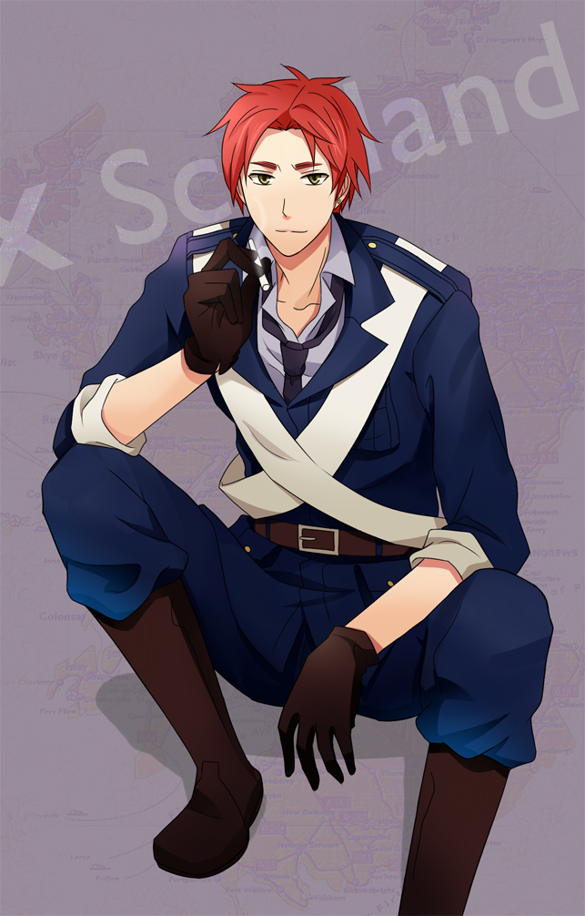 1boy, axis_powers_hetalia, belt, boots, cigarette, gloves, green_eyes, looking_at_viewer, necktie, open_shirt, scotland_(hetalia), short_hair, solo, tagme