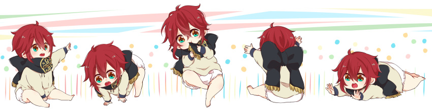1boy, :o, absurdres, baby, diaper, green_eyes, highres, lying