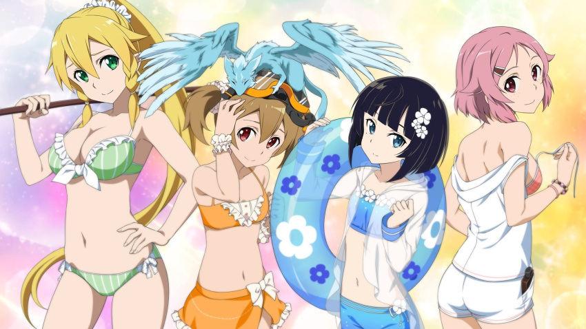 4girls, bikini, bikini_shorts, black_hair, blonde_hair, blue_bikini, blue_eyes, bow