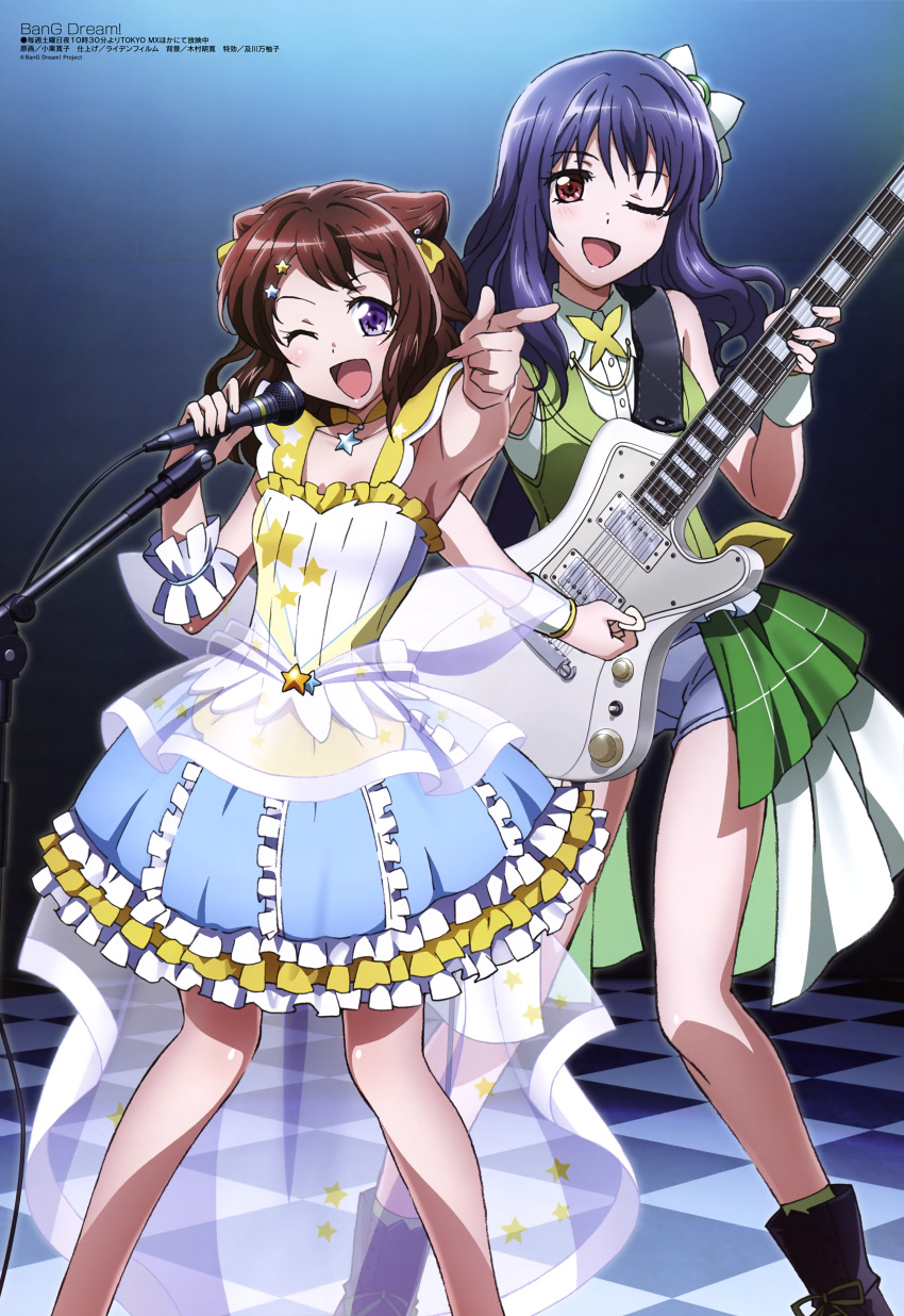 2girls, ;d, absurdres, armpits, bang_dream!, blue_hair, blue_shorts, bow