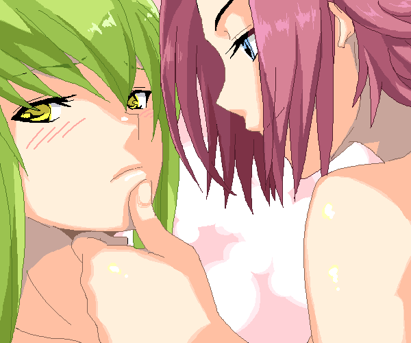 2girls, blue_eyes, blush, c.c., chin_grab, code_geass, green_hair, kallen_stadtfeld