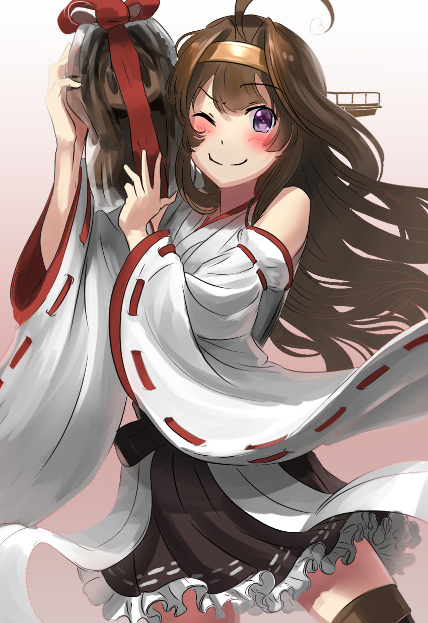 1girl, ahoge, ao_iro, bare_shoulders, black_legwear, black_skirt, blush, brown_hair