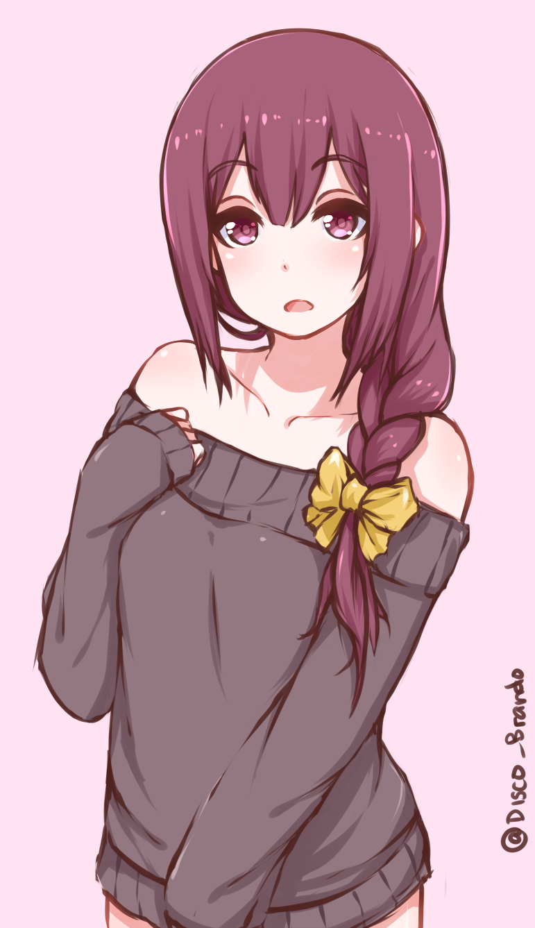 1girl, alternate_hairstyle, artist_name, bare_shoulders, black_sweater, blush, bow, braid