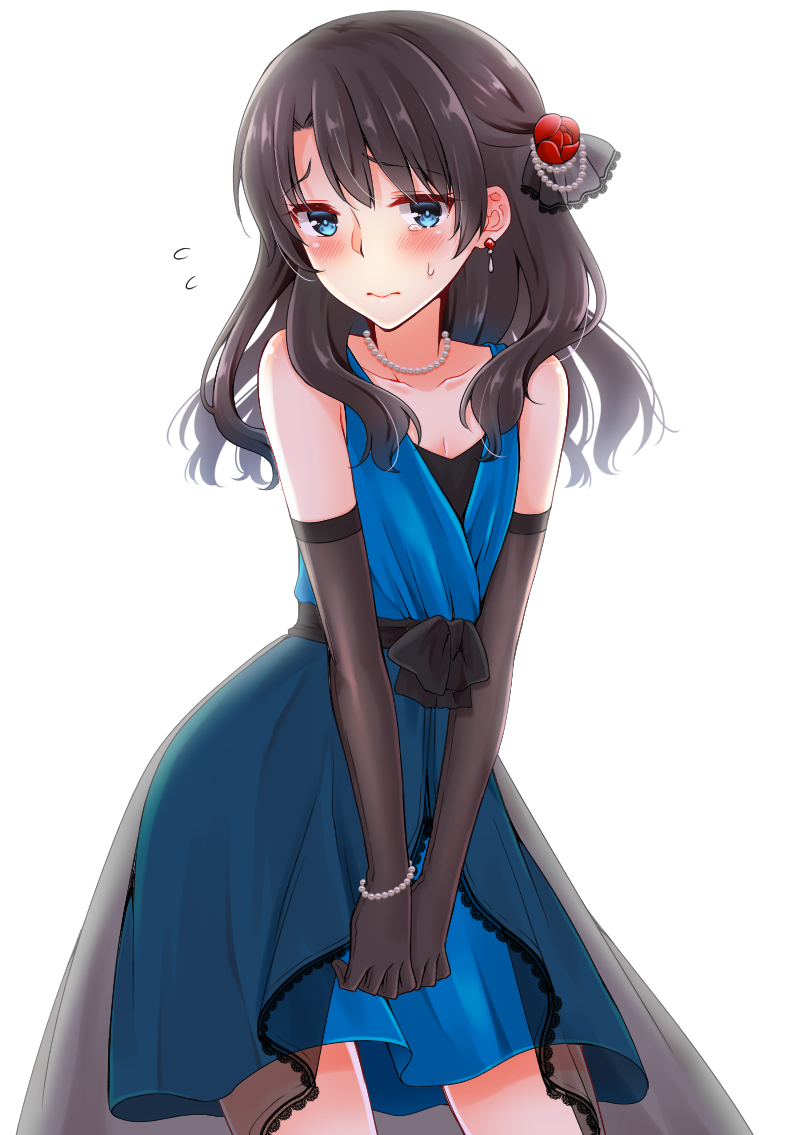 1boy, bare_shoulders, black_gloves, black_hair, blue_dress, blue_eyes, blush, commentary_request, crossdressinging, dress, earrings, elbow_gloves, eyebrows_visible_through_hair, fate/grand_order, fate_(series), flower, flying_sweatdrops, fujimaru_ritsuka_(male), gloves, hair_flower, hair_ornament, jewelry, long_hair, looking_at_viewer, male_focus, necklace, simple_background, solo, v_arms, wankoba, white_background