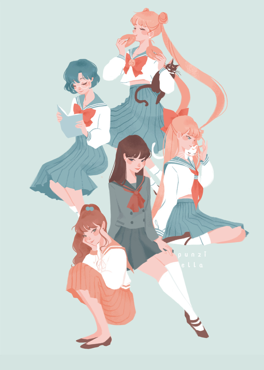 5girls, :t, aino_minako, animal, aqua_background, aqua_hair, artemis_(sailor_moon), artist_name