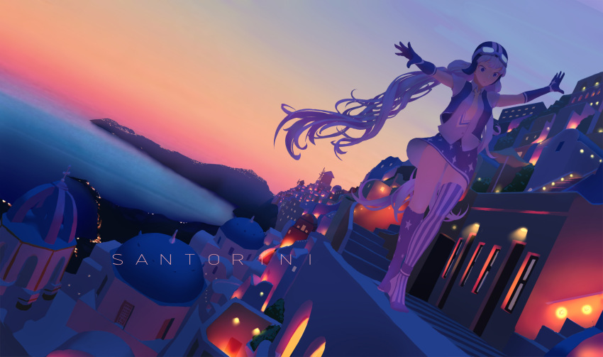 1girl, balancing, bangs, blue_eyes, blue_gloves, blue_legwear, blue_skirt, building