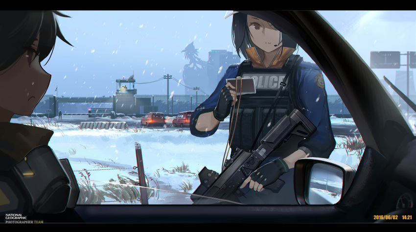 1boy, 1girl, :<, absurdres, barrier, black_gloves, black_hair, brown_eyes