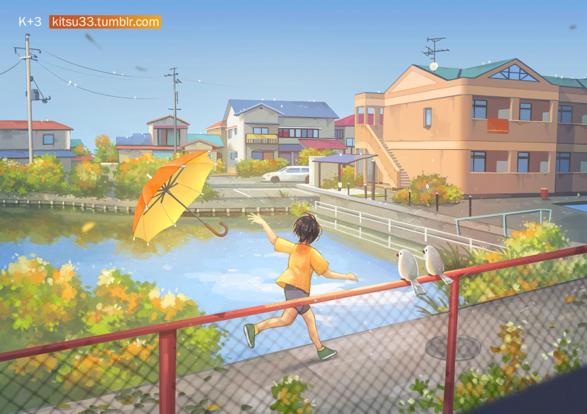 1boy, artist_name, bird, black_hair, black_shorts, blue_sky, building, bus_stop