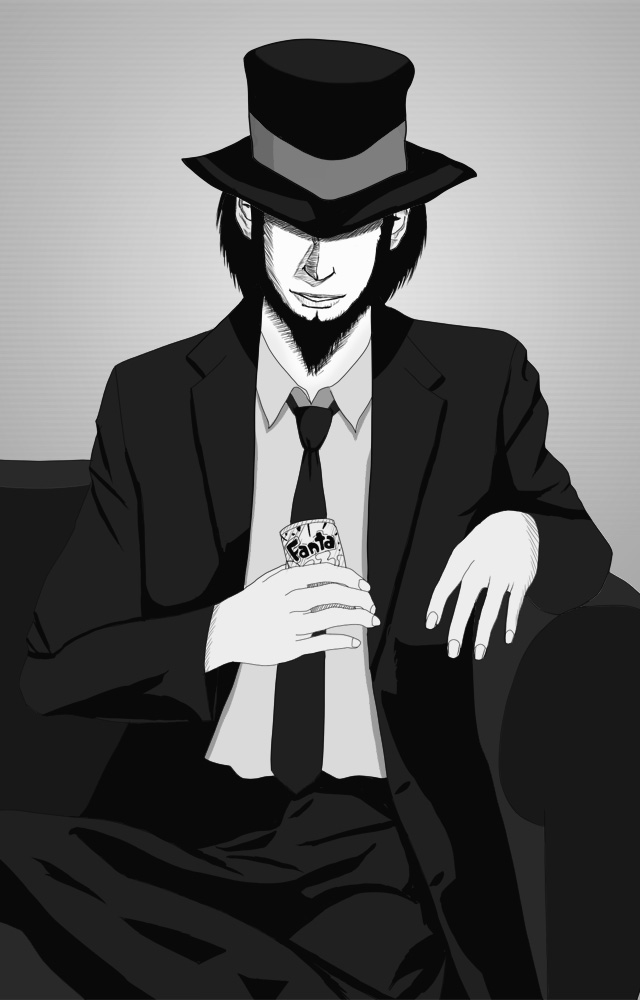 beard, black_hair, daisuke_jigen, facial_hair, fanta, fedora, formal, hat