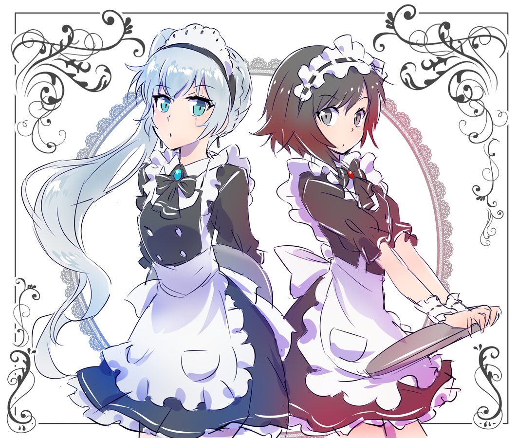 2girls, apron, black_hair, blue_eyes, commentary, eye_scar, frills, iesupa, maid, maid_apron, maid_headdress, multiple_girls, ponytail, redhead, ruby_rose, rwby, silver_hair, tray, waitress, weiss_schnee, white_hair