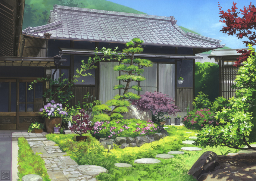 architecture, blue_sky, bush, day, east_asian_architecture, flower, grass, hanging_plant, no_humans, original, path, plant, potted_plant, road, scenery, shadow, sky, stone_walkway, traditional_media, watermark, yk_funa