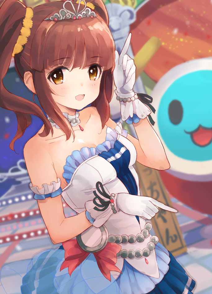 1girl, :3, bangs, bare_shoulders, blue_skirt, blush, breasts, brown_eyes