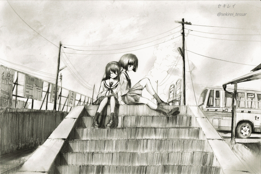 2girls, absurdres, arm_support, artist_name, bangs, bench, blunt_bangs, blush