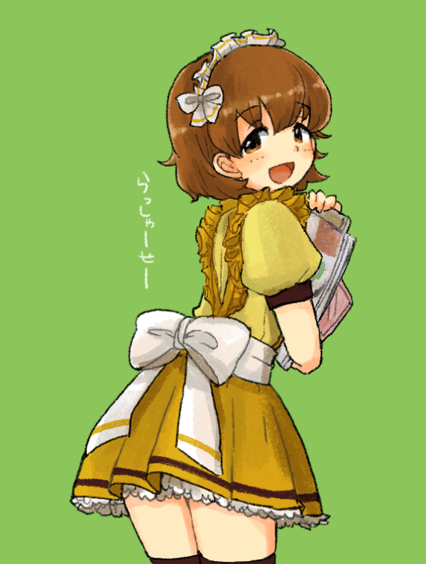 1girl, alternate_costume, black_legwear, bow, brown_eyes, brown_hair, coco's, cowboy_shot