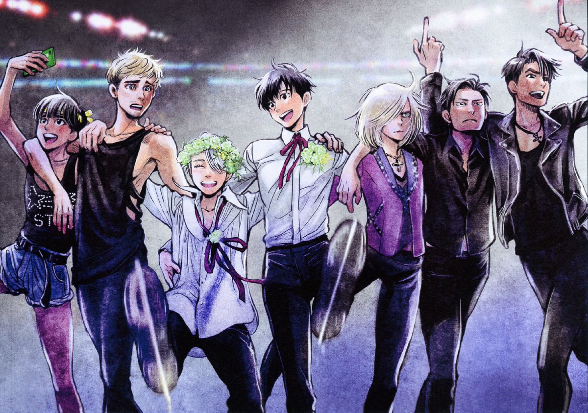 6+boys, arm_around_shoulder, black_hair, blonde_hair, blue_eyes, brown_eyes, cellphone, christophe_giacometti