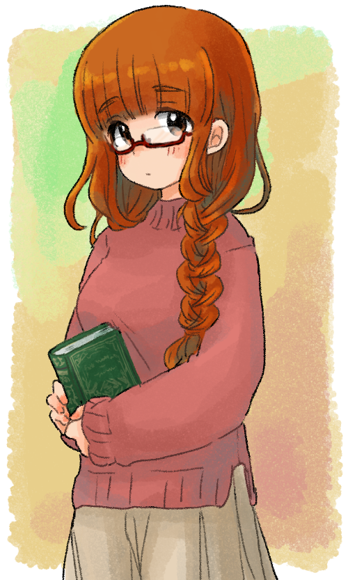1girl, bangs, blunt_bangs, book, braid, casual, closed_mouth, cowboy_shot