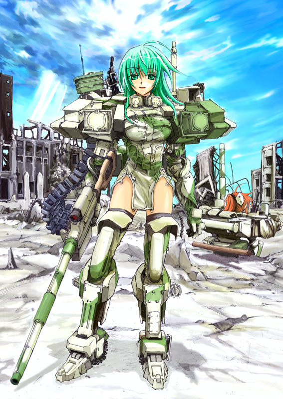 breasts, camouflage, funeral_(artist), green_eyes, green_hair, gun, mecha_musume, military