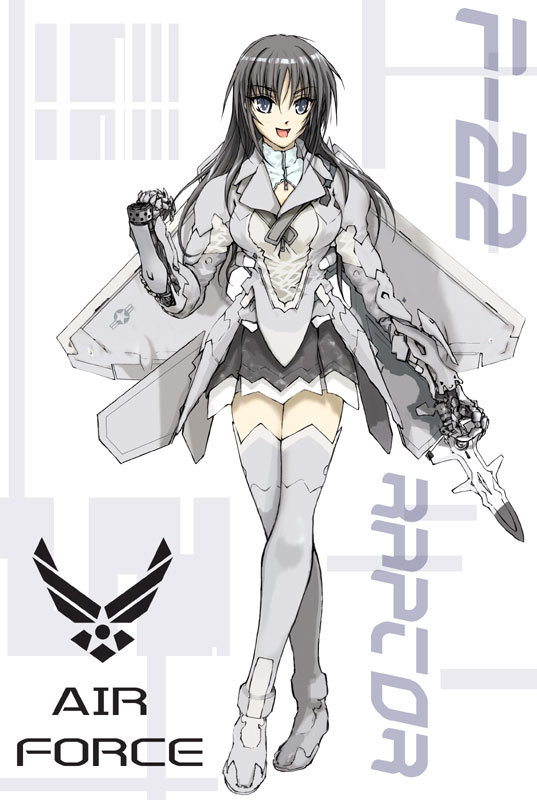 black_hair, f-22, funeral_(artist), jet, long_hair, mecha_musume, military, plane