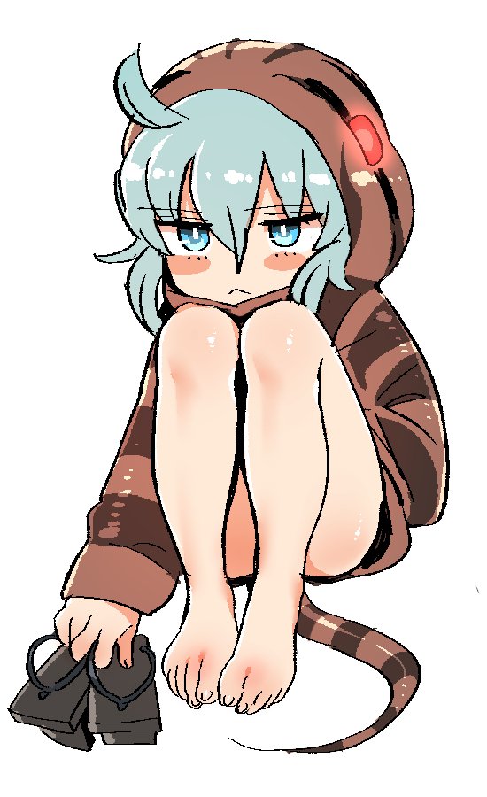 >:<, 1girl, :<, ahoge, aqua_eyes, aqua_hair, barefoot, blush_stickers, body_blush, closed_mouth, commentary, eyebrows_visible_through_hair, eyelashes, feet, feet_together, fingernails, full_body, geta, greek_toe, hair_between_eyes, hand_in_pocket, hood, hoodie, horizontal_stripes, jitome, jpeg_artifacts, kemono_friends, legs_together, long_sleeves, looking_at_viewer, no_nose, oekaki, pocket, saiver321, sandals, sandals_removed, sanpaku, shiny, shiny_hair, shiny_skin, sitting, snake_tail, solo, striped, striped_clothes, striped_hood, striped_hoodie, striped_tail, tail, toenails, toes, tsuchinoko_(kemono_friends)