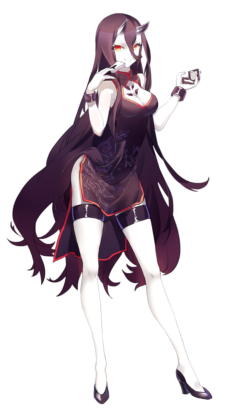 battleship_hime, black_dress, black_hair, bracelet, breasts, china_dress, chinese_clothes, cleavage, criin_(659503), dress, full_body, hair_between_eyes, high_heels, highres, horns, jewelry, kantai_collection, long_hair, medium_breasts, nail_polish, no_eyebrows, orange_eyes, shinkaisei-kan, short_dress, side_slit, sidelocks, simple_background, smile, thigh_strap, turtleneck, very_long_hair, white_background, white_skin
