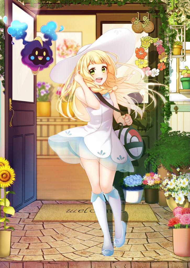1girl, bag, bangs, blonde_hair, blunt_bangs, braid, collared_dress, comfey, cosmog, dress, duffel_bag, flower, flower_shop, green_eyes, hat, kurono_kito, lillie_(pokemon), long_hair, poke_ball_theme, pokemon, pokemon_(game), pokemon_sm, revision, shop, sleeveless, sleeveless_dress, sun_hat, sunflower, twin_braids, white_hat