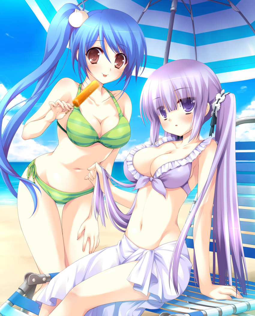 2girls, :o, :p, arm_at_side, arm_support, bangs, bare_shoulders, beach