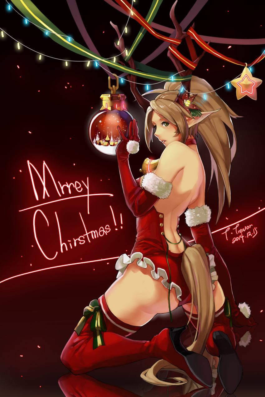 absurdres, antlers, arm_support, ass, bare_shoulders, bauble, bell, blonde_hair