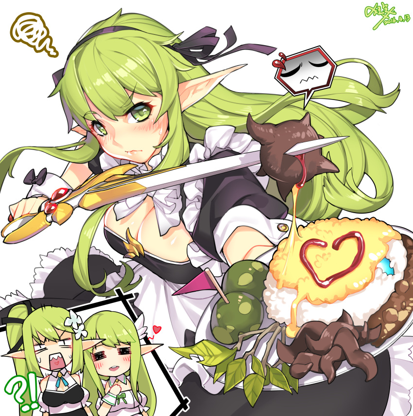 !?, 3girls, absurdres, angry, apron, artist_name, bare_shoulders, blush