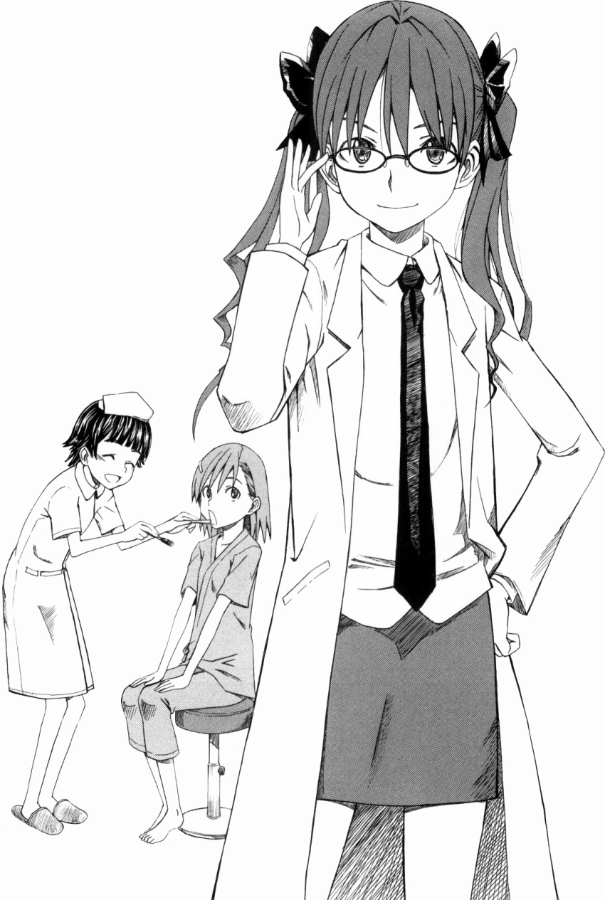 closed_eyes, glasses, highres, kazari_uiharu, labcoat, manga, misaka_mikoto, monochrome, necktie, nurse, shirai_kuroko, short_hair, skirt, smile, to_aru_kagaku_no_railgun, to_aru_majutsu_no_index, twintails, uiharu_kazari