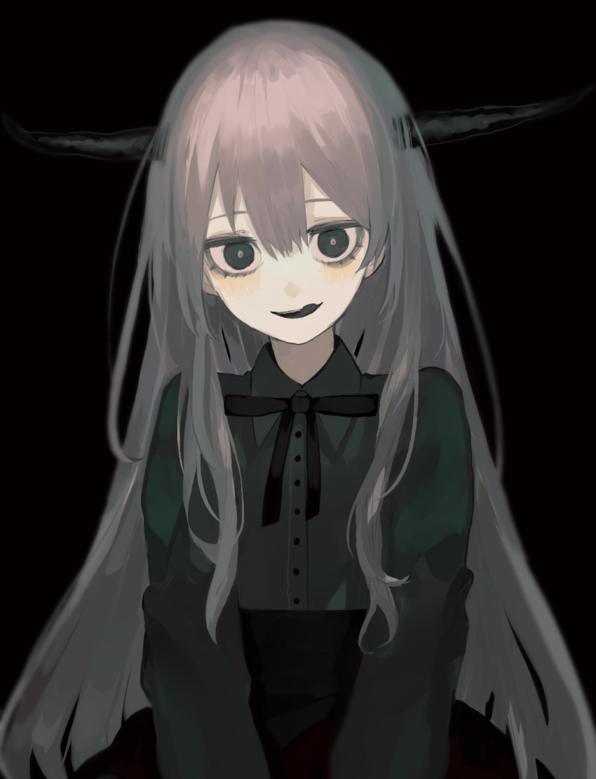1girl, :q, black_background, black_eyes, black_ribbon, black_shirt, black_skirt, black_tongue