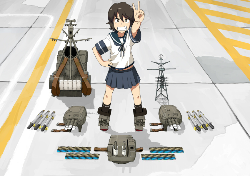 1girl, ammunition, black_hair, blue_skirt, brown_eyes, commentary_request, from_above, hair_between_eyes