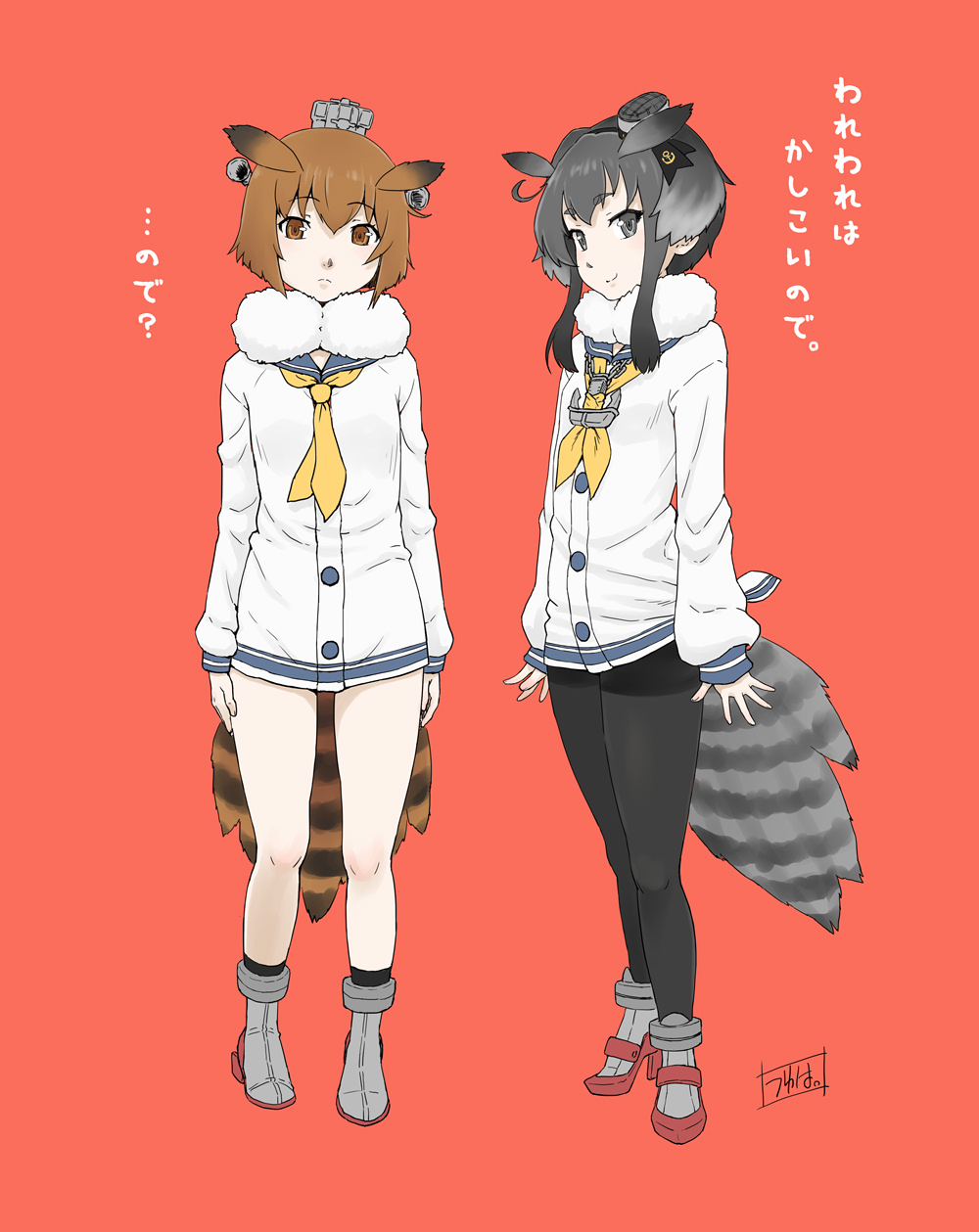 2girls, black_eyes, black_hair, black_legwear, brown_eyes, brown_hair, commentary_request, dress